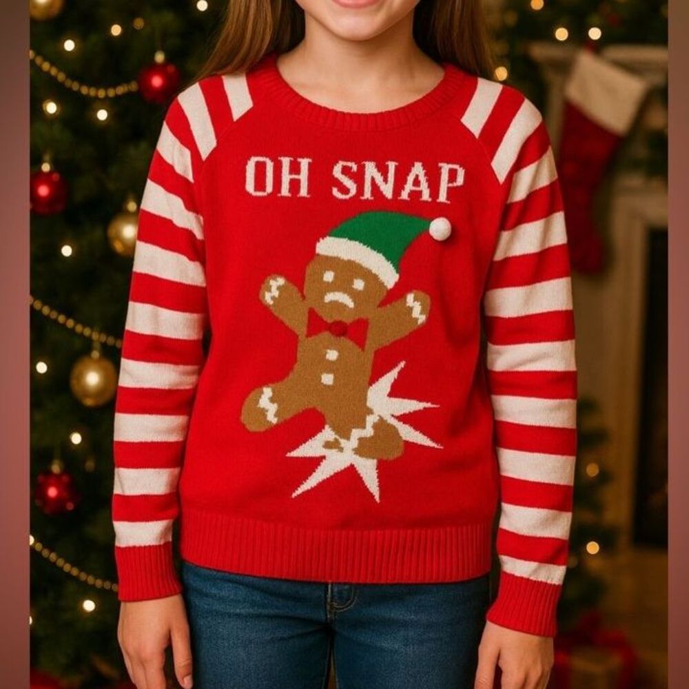Well Worn Kids L 10-12 Oh Snap Gingerbread Christmas Sweater Red Cotton